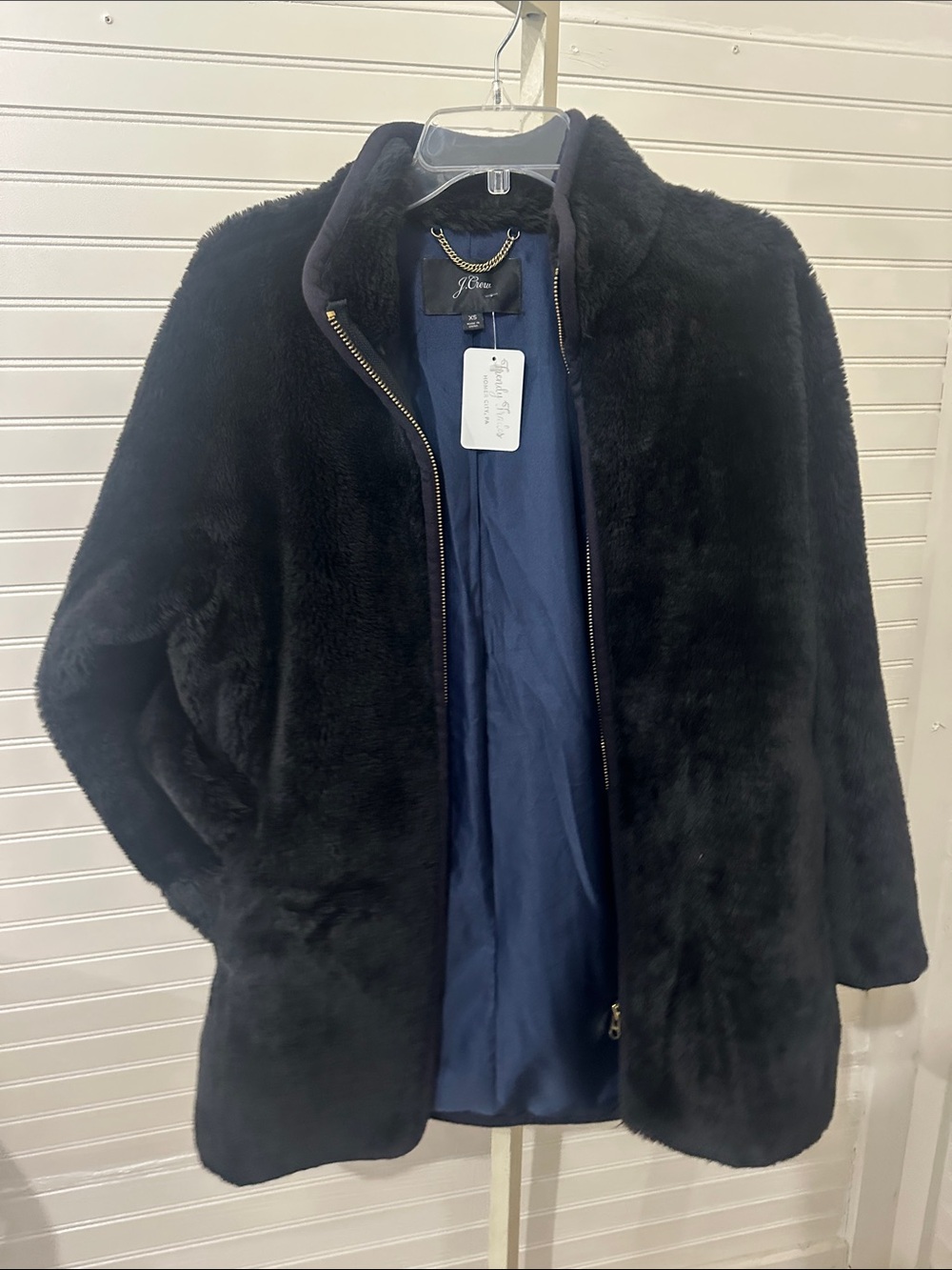 J. Crew Black Faux Fur Teddy Jacket Coat with Navy Lining XS